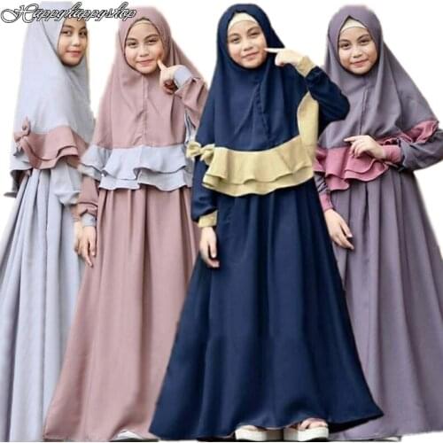 Muslim Children Girls 2 Pieces Prayer Dress Hijab Abaya Ramadan Sets Arab Kids Jilbab Headscarf Long Robe Islamic Chador Gown