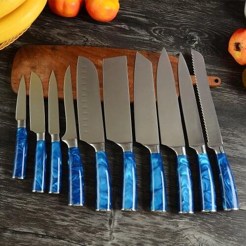 10PCS Knife Set Stainless Steel Kitchen Knives With Resin Handle Cleaver Chef Slicing Bread Boning Santoku Utility Multi Knives