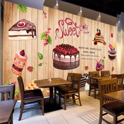 Custom Mural Wallpaper Wooden Board Hand Drawn Bakery Background Wall Painting