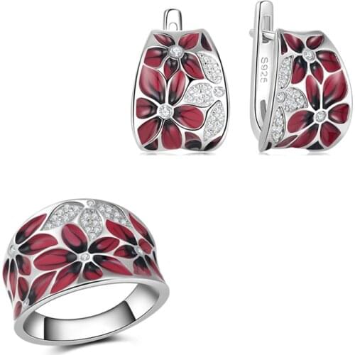 OGULEE New Silver 925 Stud Earrings Ring Fashion Jewelry Sets Cubic Zircon Red Enamel Flower CZ Wedding Jewelry for Women Gifts