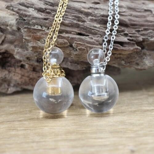 Natural Crystal Round Bead Perfume Bottle Pendants Chains Quartz Essential Oil Vial Charms Necklace Fashion Women Jewelry QC1085