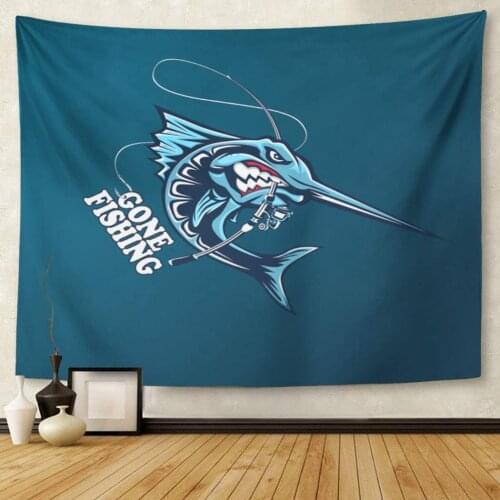 Blue Angry Marlin Fish Fishing Emblem for Sport Club Tapestry Wall Hanging for Living Room Bedroom Dorm 50x60 inches