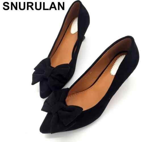 SNURULAN New Sexy Spring Autumn Womens High Heel Pumps Flock Butterfly-Knot Pointed Toe Slip-On Ladies Casual Single Shoes E695