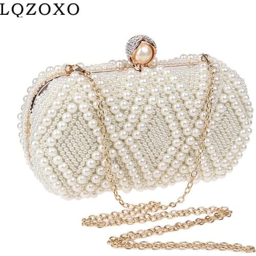 Beaded Women Evening Bags Full Pearl Small Clutch Purse Shoulder Chain Diamonds Party Wedding Handbags Holder