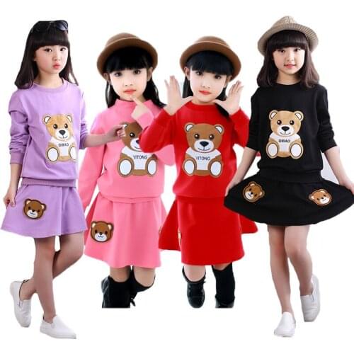 2-8Y Autumn Girls Clothing Set Cartoon Bear Long-sleeved Blouse + Knee-length Skirt 2Pcs Suit For Girl Children Birthday Present