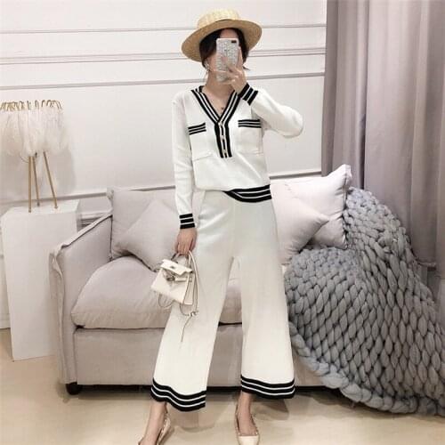 Striped Knitted Two Piece Set Women Autumn Buttons Pullover Sweater + Ankle-Length Wide Leg Pant Suits Office Matching Set B064