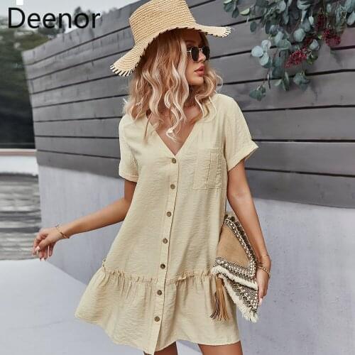 Deenor Summer 2021 Women Mini Dress Sexy V Neck Boho Beach Evening Party Dresses Short Sleeve Sundress Outfits for Women Robe