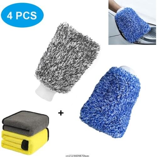4Pcs Microfiber Wash Glove Extra Large Car Wash Mitt High Density Soft Super Absorbent Anti-scratch With Car Cleaning Towels