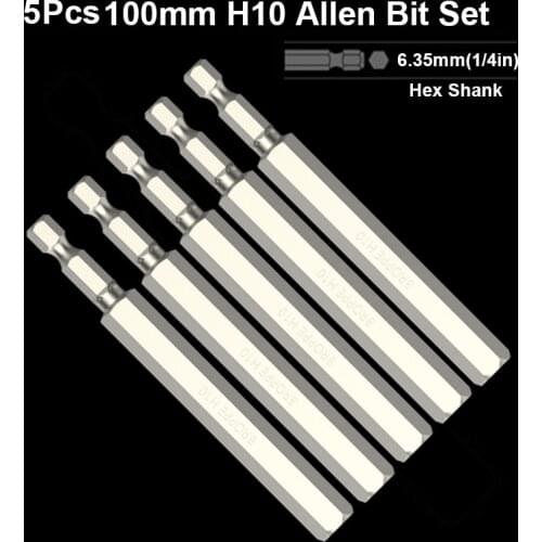 5Pcs Hex Head Allen Wrench Drill Bits H10 H12 Metric Hex Bit Set S2 Steel 100mm Hex Key Screwdriver Bits with Magnetic Tip