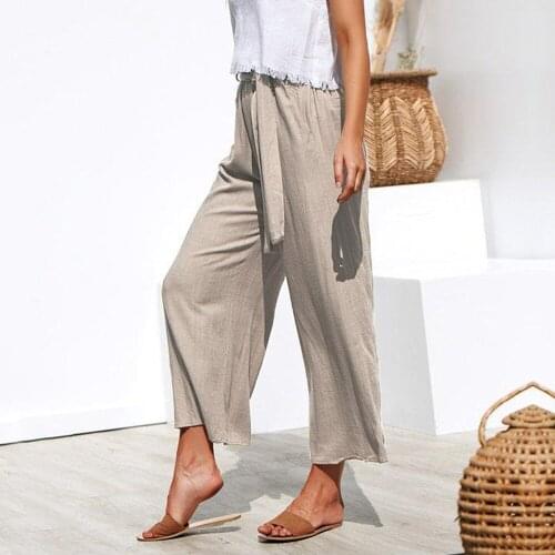 Women Loose Trousers Pockets Casual Femme Summer Solid Wide Leg Pants Ladies High Waist Ankle Length with Sashes