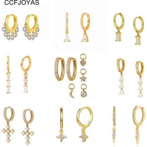 CCFJOYAS White color Zircon Small Hoop Earrings 925 Sterling Silver Cross/Square/Ball/Water Drop Shaped Hoop Earrings Jewelry