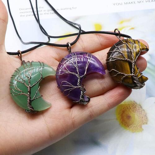 Good quality Gold Color Wire Wrap handmade moon shape tiger eye quartz stone pendants free shipping 1pc