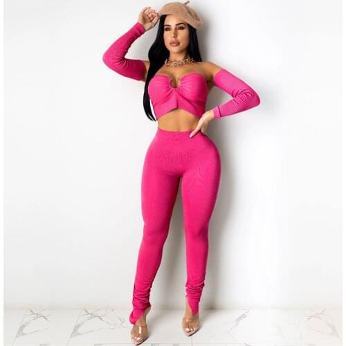 Club Wear Sexy Two Piece Outfits for Women Matching Sets Fall Winter Party Christmas Crop Tops and Stacked Leggings Pant Suits