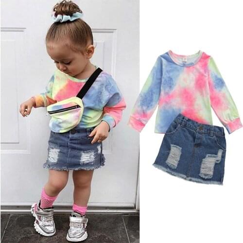 2020 Summer Fashion Infant Kids Girls Clothes Sets Tie dye printing Long Sleeve T-shirt Tops+Denim Skirts 2pcs Sets