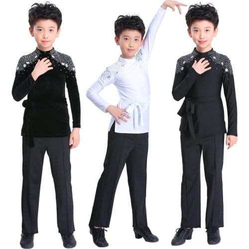 Fashion Latin Dance Costume For Boys Tango Cha-Cha Rumba Ballroom Competition Dancing Wear Rhinestone Clothes 2 PCS Set