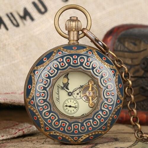 Pure Copper Mechanical Retro Large Tourbillon Pocket Watch Stylish Double Hunter Hollow Red Dot Embellishment Watch Collectibles