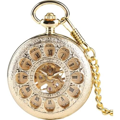 Exquisite Hollow Flowers Mechanical Pocket Watch Unisex Hand-Wind Fob Watches Roman Numerals reloj de bolsillo Pendant Chain