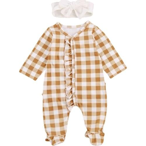 Newborn Baby Girl Cute Footed Pajamas Plaid Printed Ruffle Romper Outfits Headband Kids Long Sleeve Jumpsuits