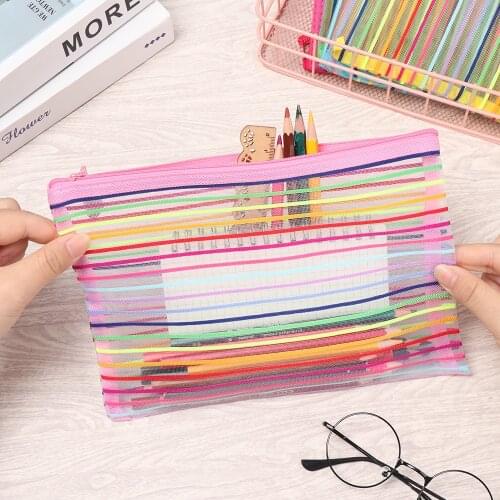 Nylon Pencil Case Simple Rainbow Color Mesh Document Bag Multicolor Zipper Stationery Bag Storage Bag Office School Supplies