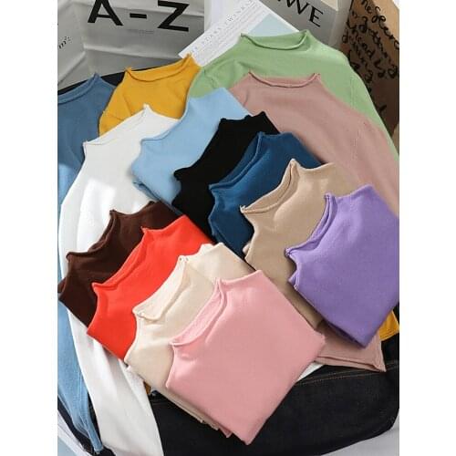 Solid Knitted Tops Womens 2020 Autumn New Stand Collar Thin T-Shirts All-match Slim Long Sleeve Base T-Shirt oversized t shirt