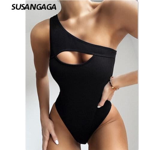 One Piece Swimsuit High Waist Swimwear Women Solid One Shoulder Bodysuit Push Up Monokini Ribbed Bathing Suit Women Beachwear