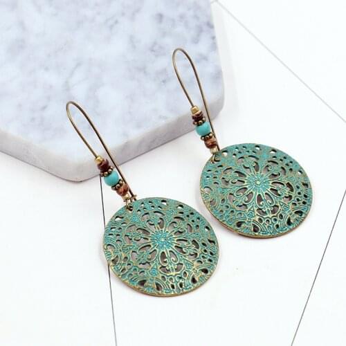 Vintage Indian Hollow Totem Round Earrings with Pendant Female Retro Ethnic Statement Beads Stone Drop Ear Cuff Earrings Hoop