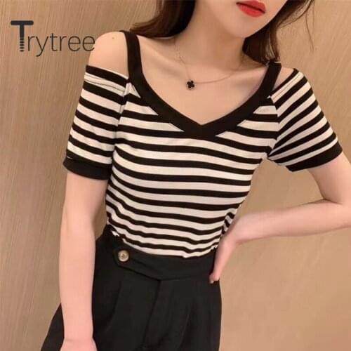 Trytree Summer Women Casual T-shirt V-neck Stripe Slim fit Strapless T-shirt All-Purpose Style 2 Color Fashion Knitting T-shirt