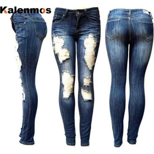 KALENMOS Ripped Jeans for Women Long Denim Pencil Pants Sexy 2020 Autumn Trousers Solid Skinny Jean Ropa De Mujer Women Clothes