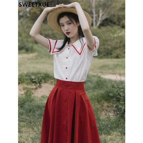 SWEETXUE 2021 Women Summer Suit New French Retro Navy Collar Shirt + Red Skirt Two-Piece Skirt Sets Womens Outfits Ladies