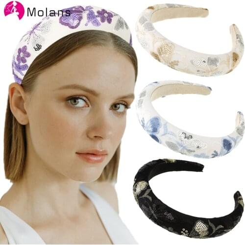 Molans 2021 New Female Bezel Head Padded Headband for Women Solid Flower Embroidery Hair Hoop Hairband Sequins Hair Accessories
