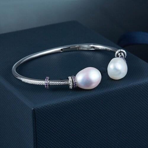 SOELLE Fashion Real 925 Sterling Silver Fancy Pearl Open Cuff with Purple and White Zircon Stones Bangle Women Romantic Bracelet