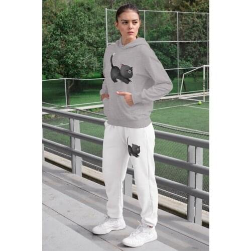 Angemiel Wear Stretches Sweet Cat Women 'S Tracksuit Set Gray Hooded Sweatshirt White Sweatpants