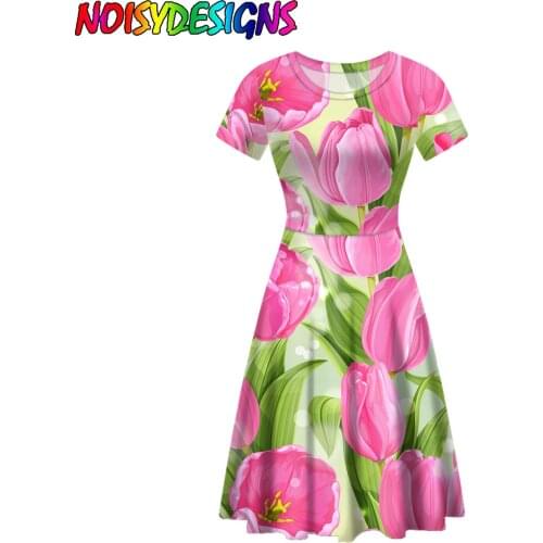 NOISYDESIGNS Womans Dress Pink Tulips Printed Short Sleeve Dress Summer Sexy Casual Dress Elegant Women Vestidos De Mujer