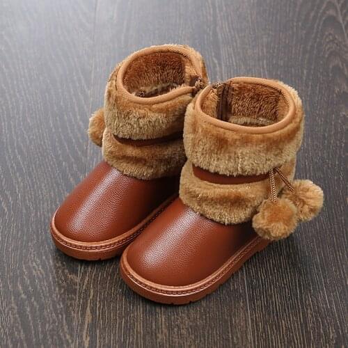 Babys Girls Pom Pom Snow Boots Childrens Winter Warm Shoes Toddler Infant Little Kids Ankle Boots Fur Lining Princess Kids Shoes