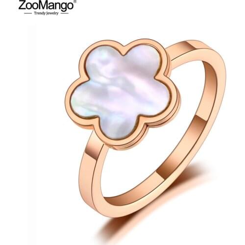 ZooMango Fashion Titanium Stainless Steel White Shell Flower Plant Rings Bohemian Party Cocktail Ring Jewelry For Women ZR20016