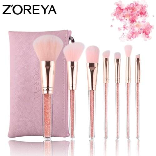 ZOREYA Currently Available 7 Crystal Makeup Brush Inner Drill Plastic Handle Artificial Fiber Pink Bag Makeup Tool NZ7