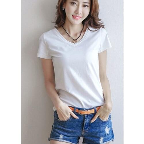 20212019 Spring Summer Women Cotton T-shirt Black V-Neck Short Sleeve Female Tee Slim White T-Shirt Casual Solid Lady Tshirt Top