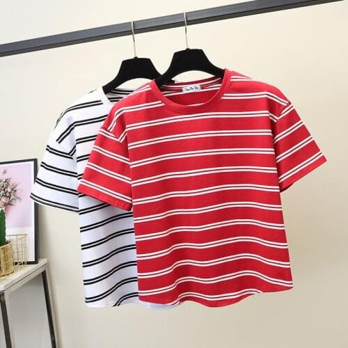 Cotton T Shirt Women Striped Tops Loose Casual T Shirt Harajuku Tshirt Summer Short Sleeve Korean T-shirt Feminina Clothes Tops