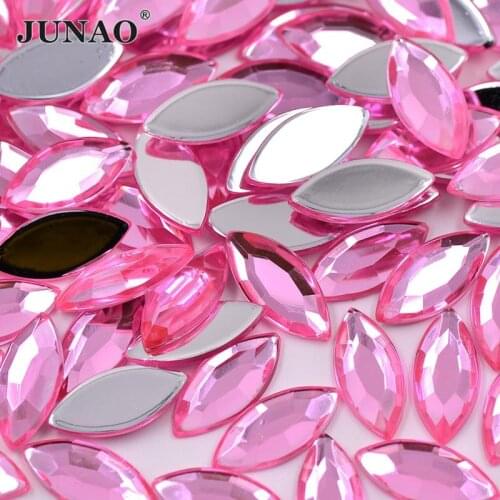 JUNAO 7*15mm Pink Color Flat Back Acrylic Rhinestone Applique Horse Eye Crystal Stones Non Sewn Strass for Needlework Crafts