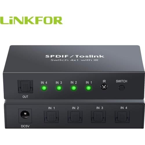 LiNKFOR Digital Optical Audio Switcher 4x1 SPDIF Toslink Switch Box with Optical Cable Four Input One Output Audio Switcher