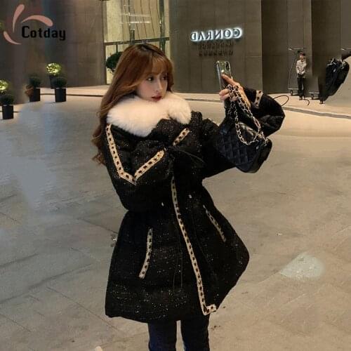 Cotday Polka Dot Small Sweet Wind Waist Adjustable Loose Lotus Leaf Sleeve Winter Jacket Thick Heavy Hair Collar Parka Coat