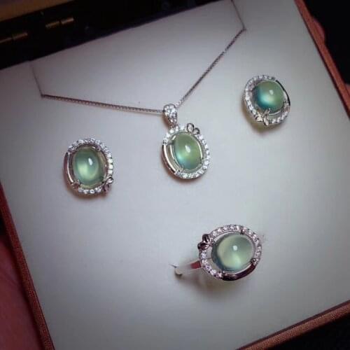 Best Gift Real Natural Prehnite jewelry set 1pc Prehnite ring 1pc Prehnite pendant 1pair stud earring 925 sterling silver