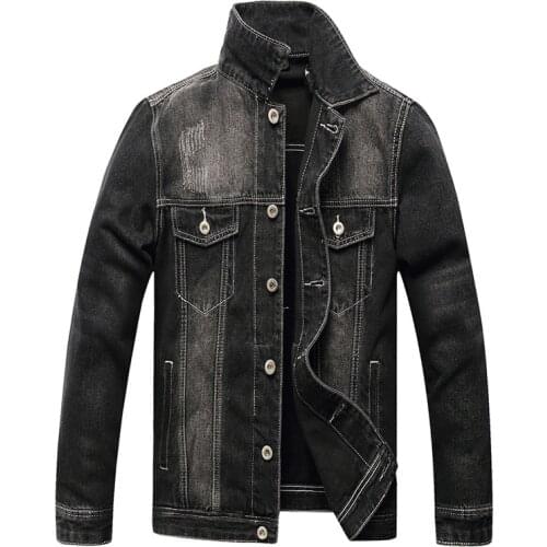 ERENEJIAN Mens Classic Denim Jacket Casual Black Jeans Coat Solid Color Cowboy Outerwear Turn Down Collar Size S-3XL