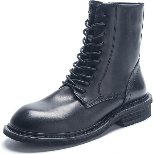 New Black Genuine Leather Mid-calf Boots Autumn Winter Round Toe Shoes Woman Motorcycle Platform Botas Combat Boots for Women