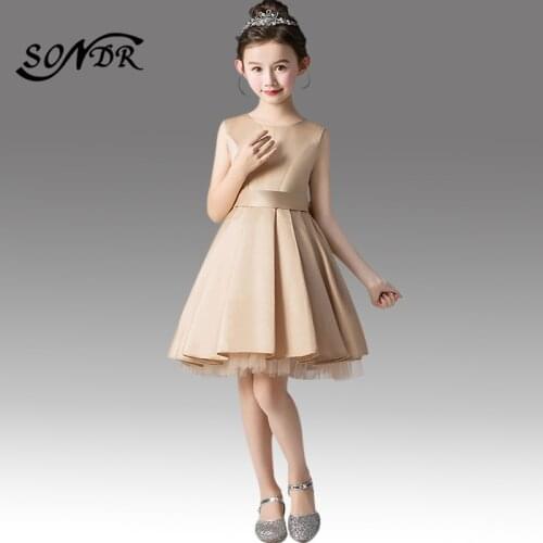 Solid Elegant Flower Girl Dresses HT173 O-neck Sleeveless Formal Coummunion Dress For Little Kids Bow Zipper Girls Pageant Gowns