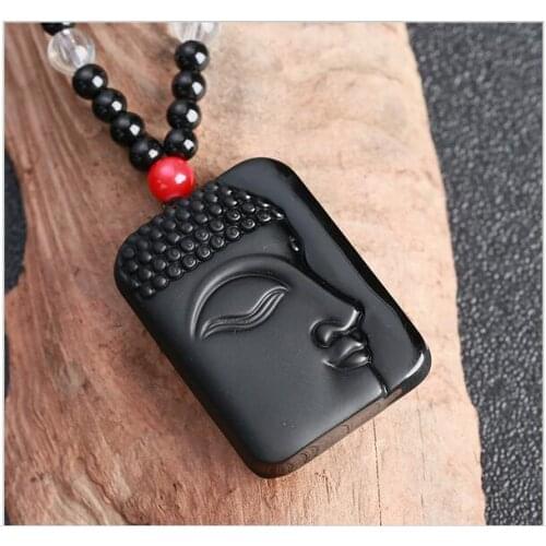 Onyx obsidian stone half face Buddha head sweater chain necklace ward off bad necklace