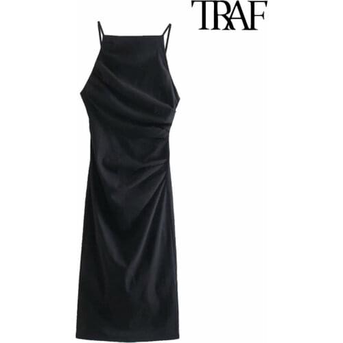 TRAF Women Fashion Pleat Detail Fitted Midi Dress Vintage Backless Zipper Thin Straps Female Dresses Vestidos Mujer