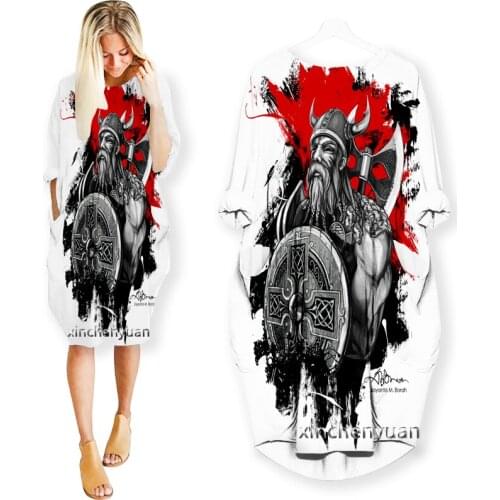 Xinchenyuan 3D Print Viking Warrior Tattoo Dresses Fashion Casual Mid-length Dress Women Clothing Pocket Long Sleeve Top R11