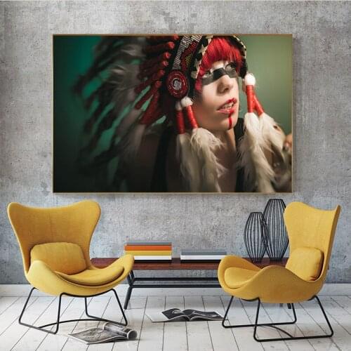 Indian Girl Feathered Portrait Painting Canvas Native Posters and Prints Scandinavian Wall Art Picture for Living Room