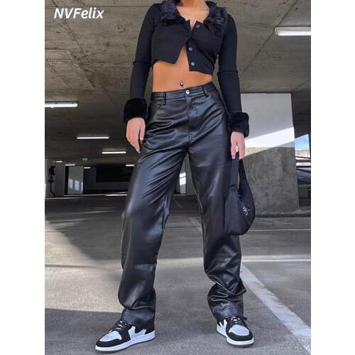 PU Leather High Waist Plain Trousers Women Straight Leg Loose PU Mom Pants Autumn Black Wide Leg Fashion Casual Baggy Pants
